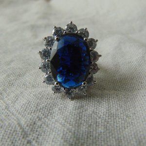 vintage K.J.L signed Princess Diana sapphire clear crystals silver ring sz.8